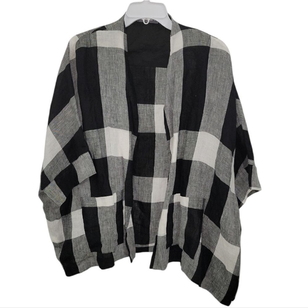 Alembika Black and White Plaid Linen Open Jacket size M